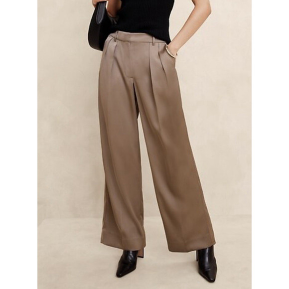 NWT Banana Republic Silky Pleated Wide-Leg Trouser Pants 10 Petite Mocha Brown - Picture 1 of 14